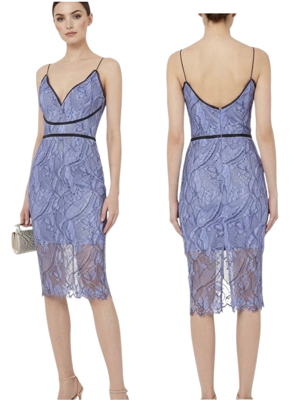 NICHOLAS Blue Lace Sheath Midi Dress Size Whimsigoth Cocktail Wedding Formal